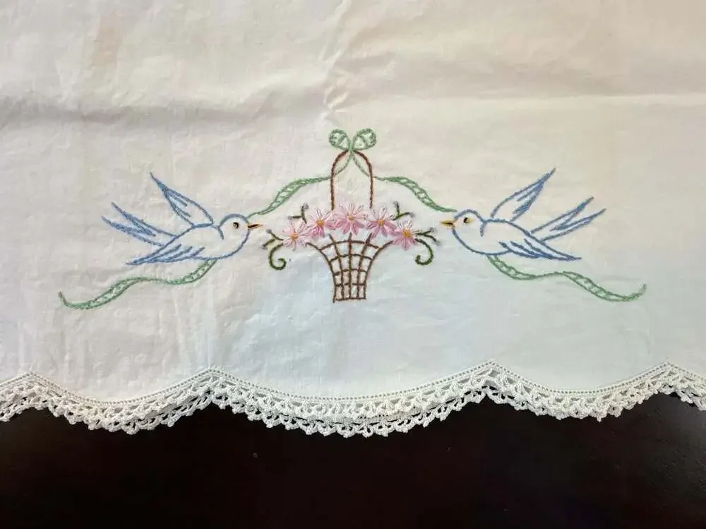 Vintage Hand Embroidered Floral Basket and Blue Birds Pillowcases Lace Trim